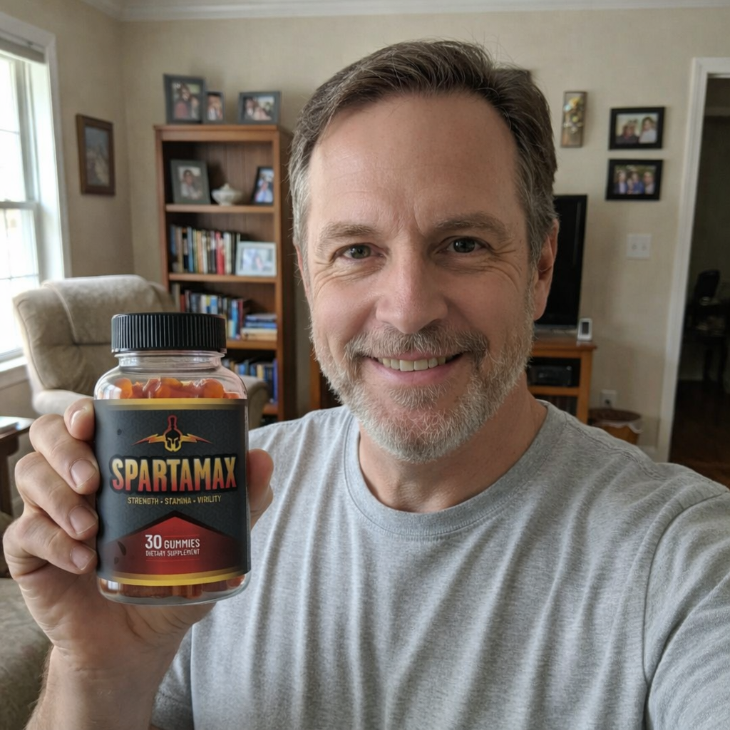 Homem com suplemento Spartamax em casa